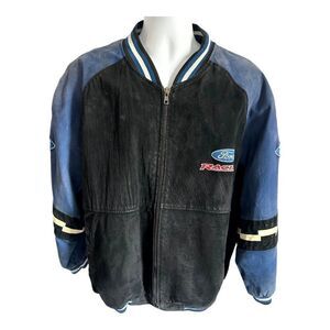 Vintage Essex Nascar Embroidered Ford Leather Racing Jacket Suede Black/Blue XL